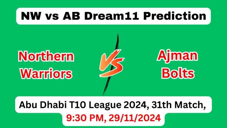 NW vs AB Dream11 Prediction Today Match, NW vs AB Dream11 Team, Northern Warriors vs Ajman Bolts, 31st Match